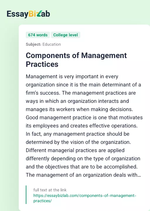 Components of Management Practices - Essay Preview