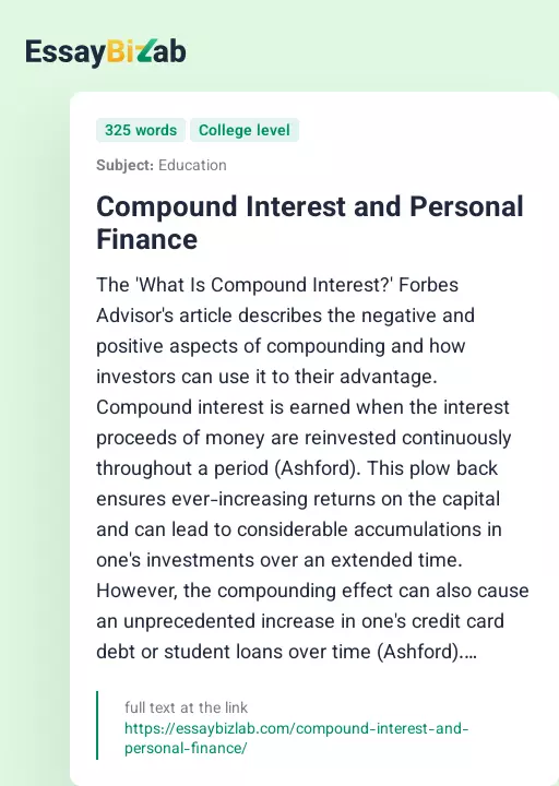 Compound Interest and Personal Finance - Essay Preview