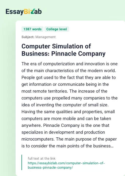 Computer Simulation of Business: Pinnacle Company - Essay Preview