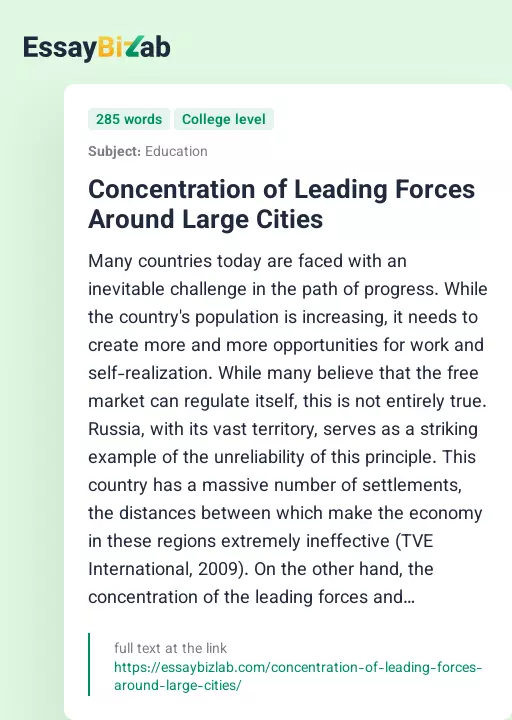 Concentration of Leading Forces Around Large Cities - Essay Preview