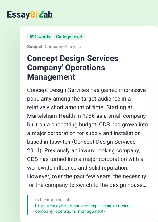 Concept Design Services Company' Operations Management - Essay Preview