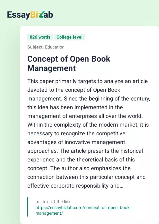 Concept of Open Book Management - Essay Preview