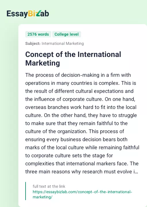 Concept of the International Marketing - Essay Preview