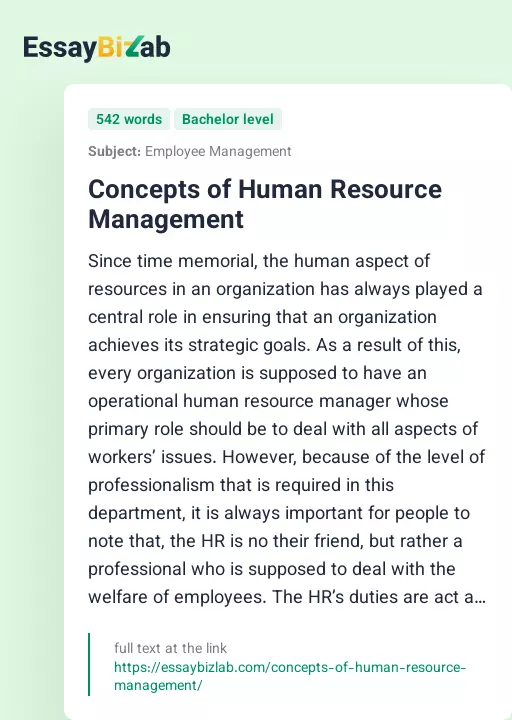 Concepts of Human Resource Management - Essay Preview