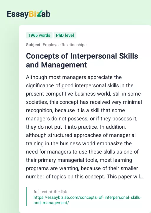 Concepts of Interpersonal Skills and Management - Essay Preview