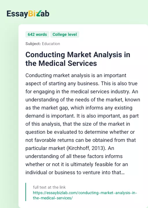 Conducting Market Analysis in the Medical Services - Essay Preview