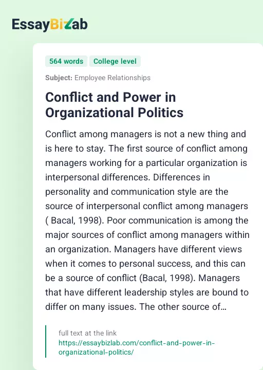 Conflict and Power in Organizational Politics - Essay Preview
