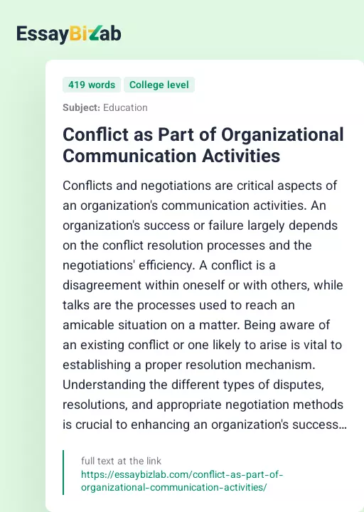 Conflict as Part of Organizational Communication Activities - Essay Preview