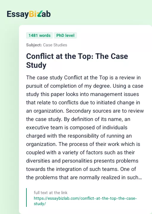 Conflict at the Top: The Case Study - Essay Preview