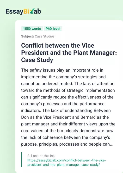 Conflict between the Vice President and the Plant Manager: Case Study - Essay Preview