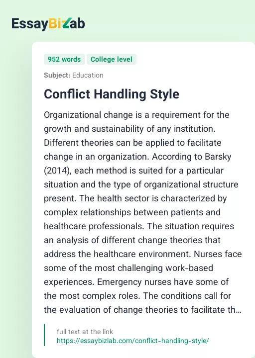 Conflict Handling Style - Essay Preview
