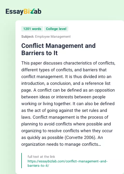 Conflict Management and Barriers to It - Essay Preview