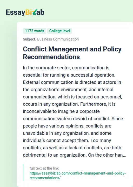 Conflict Management and Policy Recommendations - Essay Preview