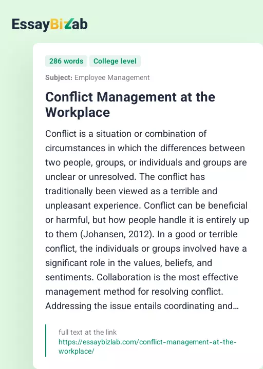 Conflict Management at the Workplace - Essay Preview