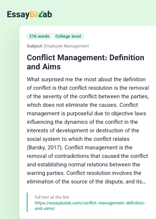 Conflict Management: Definition and Aims - Essay Preview