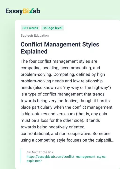 Conflict Management Styles Explained - Essay Preview