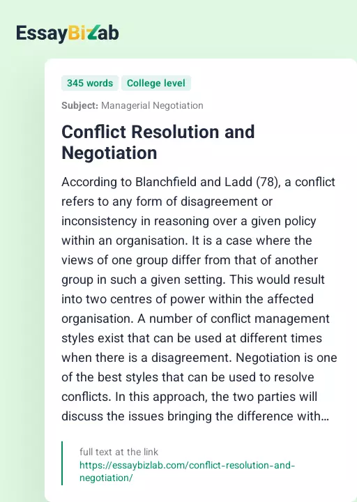 Conflict Resolution and Negotiation - Essay Preview