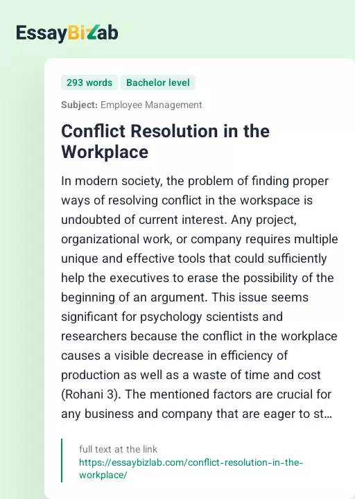 Conflict Resolution in the Workplace - Essay Preview