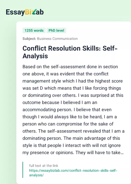 Conflict Resolution Skills: Self-Analysis - Essay Preview