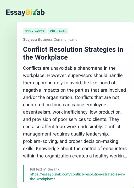Conflict Resolution Strategies in the Workplace - Essay Preview