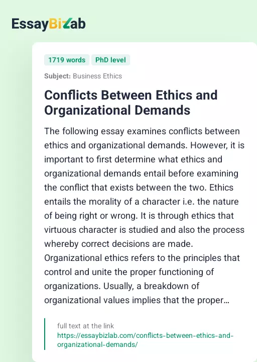 Conflicts Between Ethics and Organizational Demands - Essay Preview