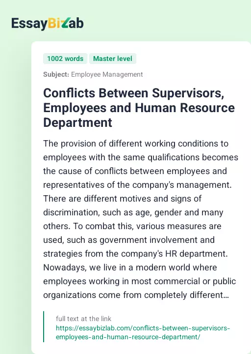 Conflicts Between Supervisors, Employees and Human Resource Department - Essay Preview