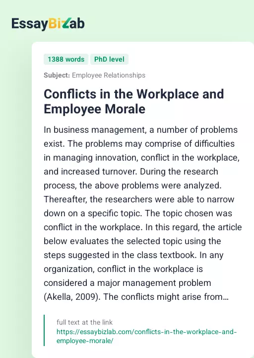 Conflicts in the Workplace and Employee Morale - Essay Preview