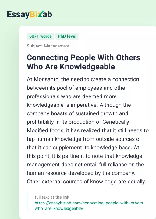 Connecting People With Others Who Are Knowledgeable - Essay Preview