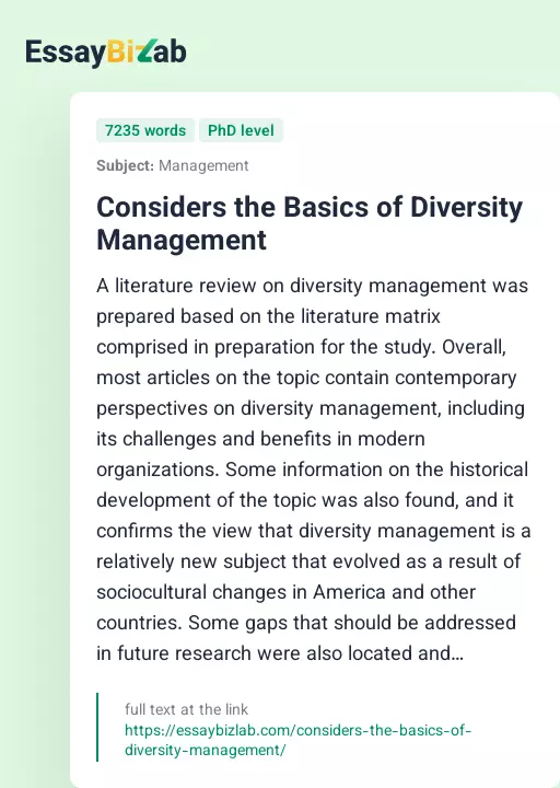 Considers the Basics of Diversity Management - Essay Preview