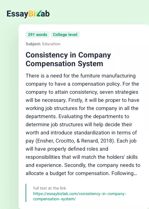 Consistency in Company Compensation System - Essay Preview