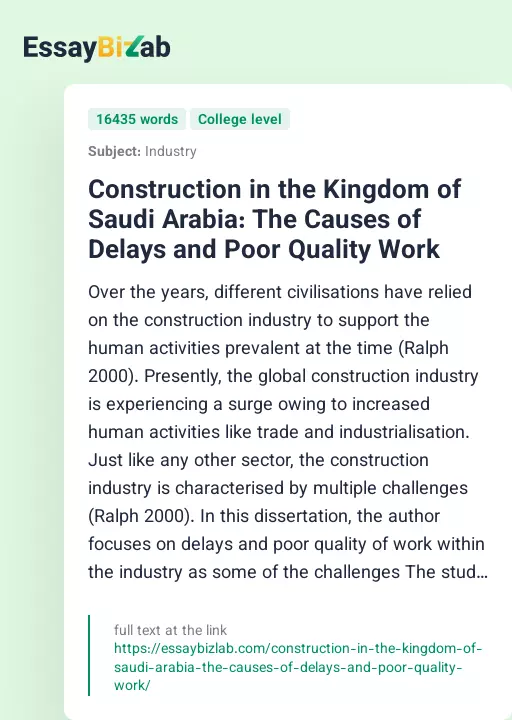 Construction in the Kingdom of Saudi Arabia: The Causes of Delays and Poor Quality Work - Essay Preview