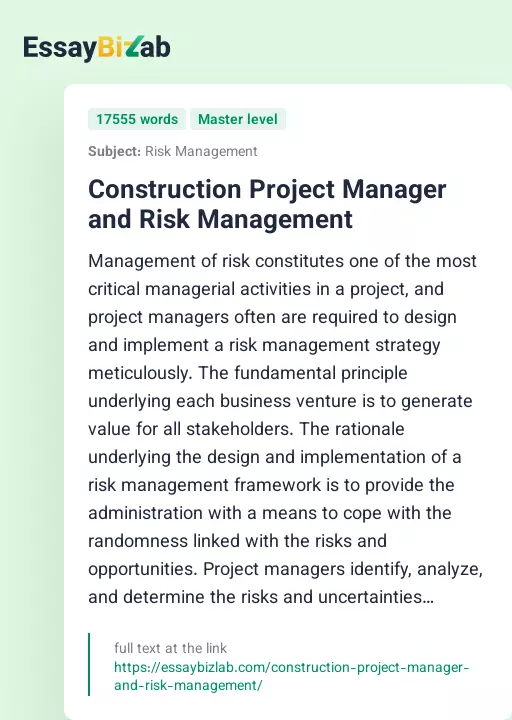 Construction Project Manager and Risk Management - Essay Preview