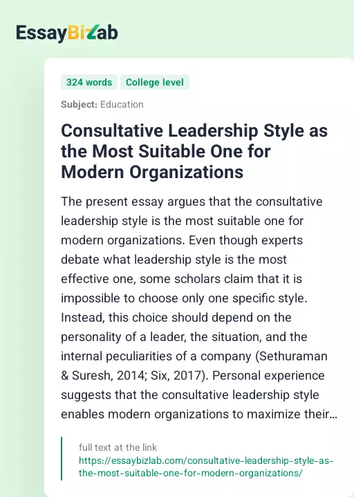 Consultative Leadership Style as the Most Suitable One for Modern Organizations - Essay Preview