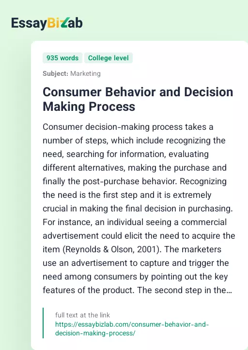 Consumer Behavior and Decision Making Process - Essay Preview