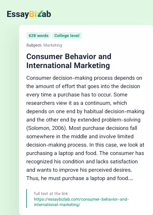 Consumer Behavior and International Marketing - Essay Preview