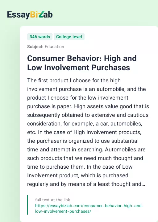 Consumer Behavior: High and Low Involvement Purchases - Essay Preview