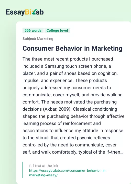 Consumer Behavior in Marketing - Essay Preview