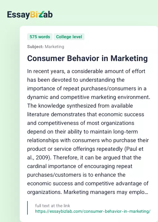 Consumer Behavior in Marketing - Essay Preview