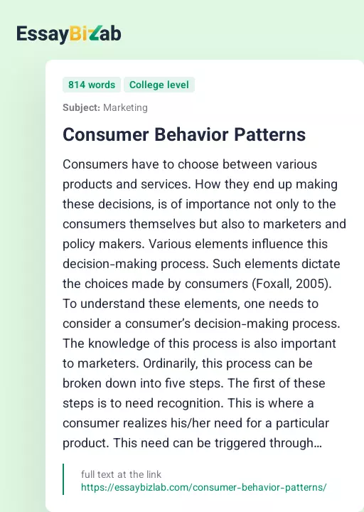 Consumer Behavior Patterns - Essay Preview
