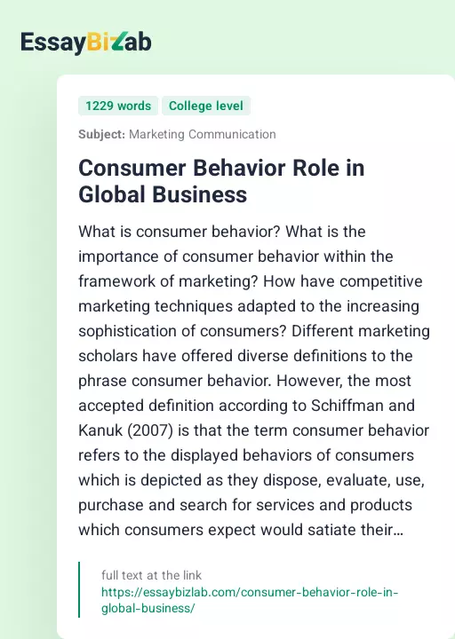 Consumer Behavior Role in Global Business - Essay Preview