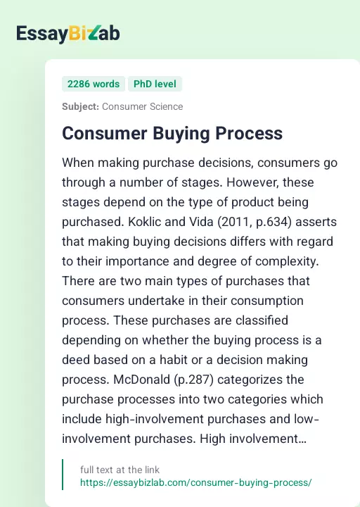 Consumer Buying Process - Essay Preview