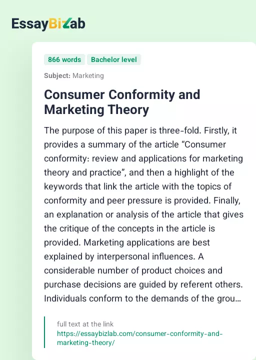 Consumer Conformity and Marketing Theory - Essay Preview