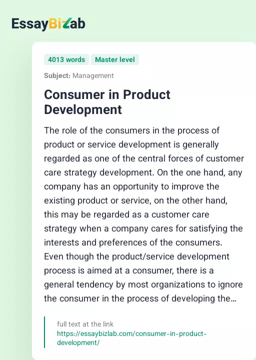 Consumer in Product Development - Essay Preview