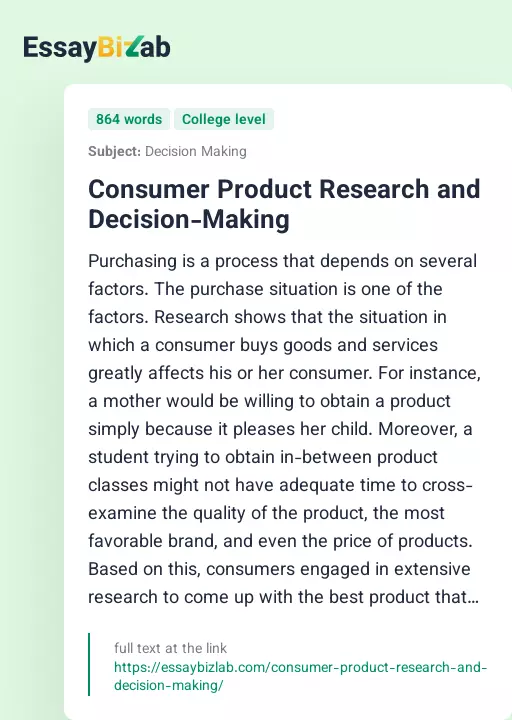 Consumer Product Research and Decision-Making - Essay Preview