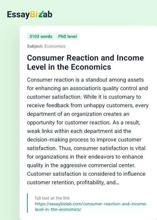 Consumer Reaction and Income Level in the Economics - Essay Preview