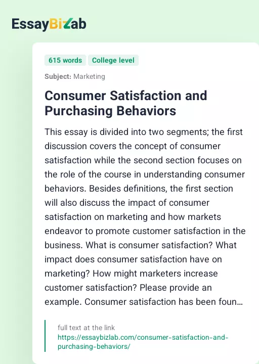 Consumer Satisfaction and Purchasing Behaviors - Essay Preview