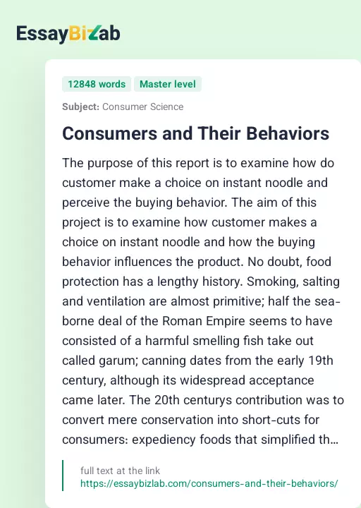Consumers and Their Behaviors - Essay Preview