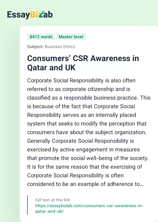 Consumers’ CSR Awareness in Qatar and UK - Essay Preview