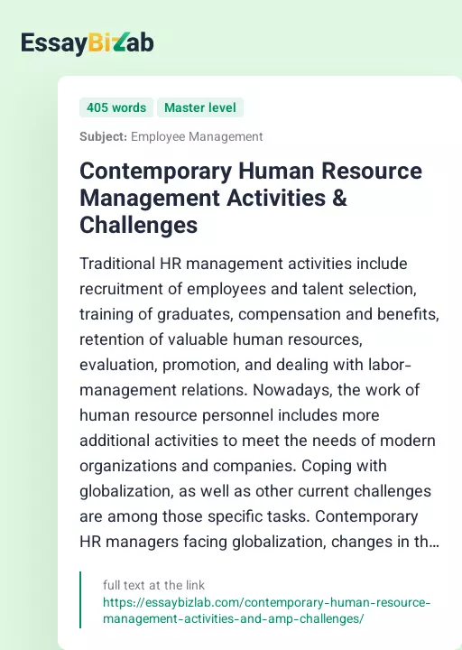Contemporary Human Resource Management Activities & Challenges - Essay Preview