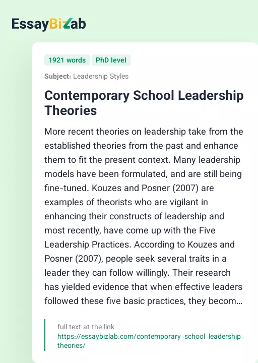Contemporary School Leadership Theories - Essay Preview